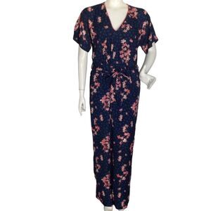new BOBEAU Jumpsuit, M, Blue Floral, Sash Belt, Keyhole back, Short sleeves